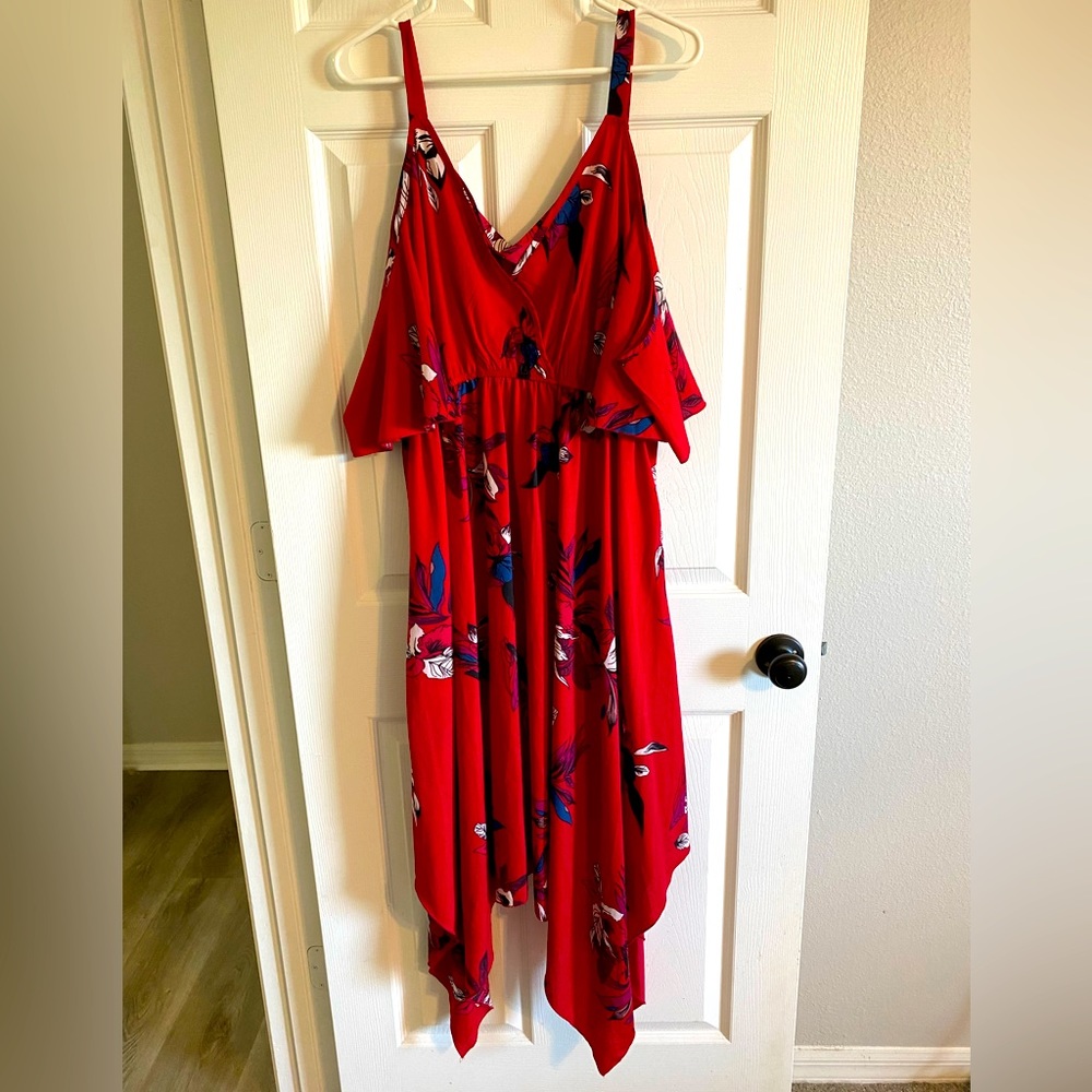 Red with Flowers Cold Shoulder Sharkbite Dress ~ Size 3XL